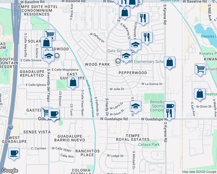 map of restaurants, bars, coffee shops, grocery stores, and more near 918 West Julie Drive in Tempe