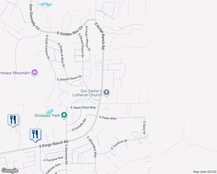 map of restaurants, bars, coffee shops, grocery stores, and more near 5199 South Kings Ranch Road in Gold Canyon