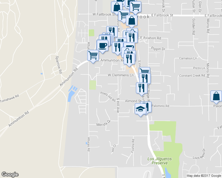 map of restaurants, bars, coffee shops, grocery stores, and more near 1433 South Hill Avenue in Fallbrook