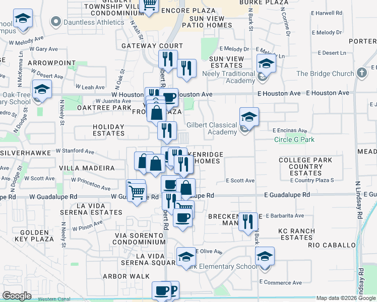 map of restaurants, bars, coffee shops, grocery stores, and more near 170 East Guadalupe Road in Gilbert