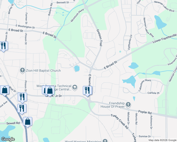 map of restaurants, bars, coffee shops, grocery stores, and more near 280 Christian's Walk in Newnan