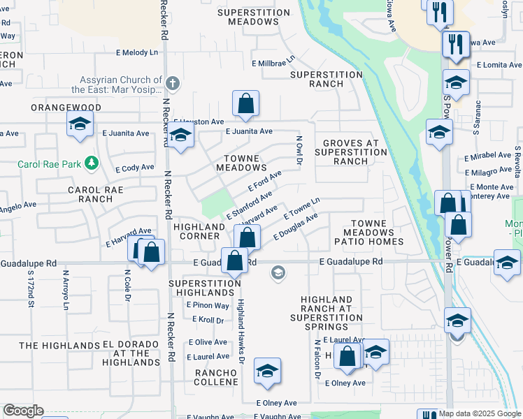 map of restaurants, bars, coffee shops, grocery stores, and more near 4244 East Harvard Avenue in Gilbert