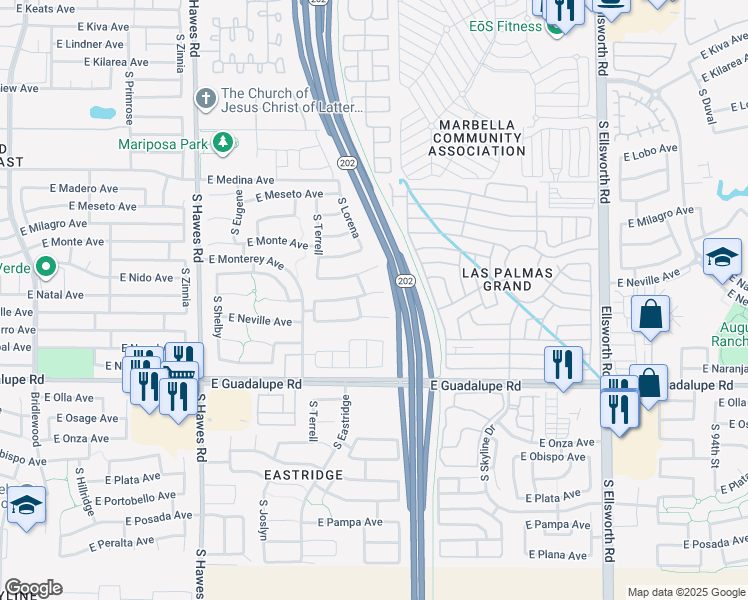 map of restaurants, bars, coffee shops, grocery stores, and more near 8707 East Natal Avenue in Mesa
