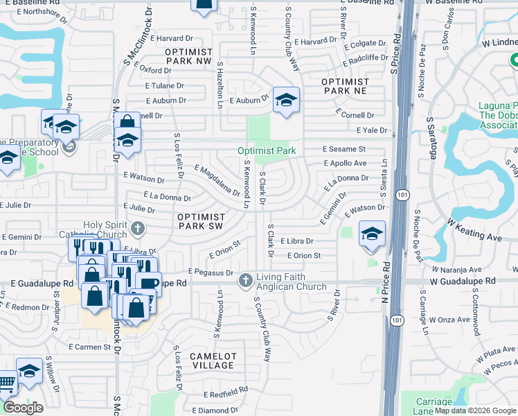 map of restaurants, bars, coffee shops, grocery stores, and more near in Tempe