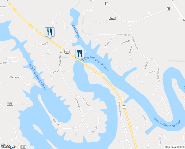map of restaurants, bars, coffee shops, grocery stores, and more near 21143 U.S. 431 in Wedowee