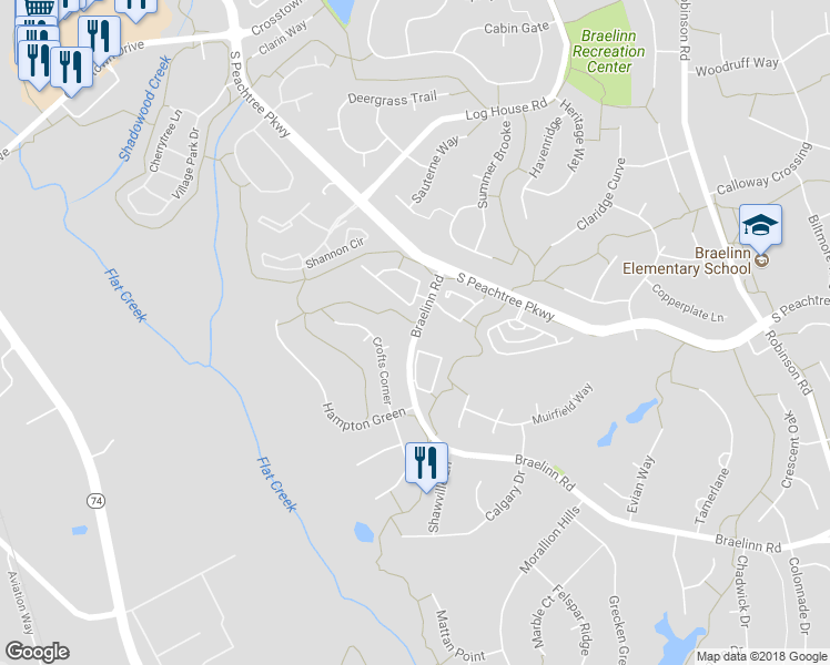 map of restaurants, bars, coffee shops, grocery stores, and more near 182 Braelinn Road in Peachtree City