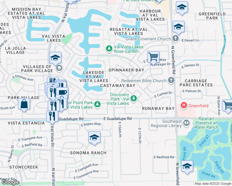 map of restaurants, bars, coffee shops, grocery stores, and more near 2039 East Huron Court in Gilbert