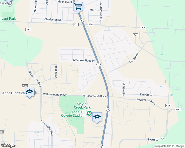 map of restaurants, bars, coffee shops, grocery stores, and more near Peneflor Drive in Anna