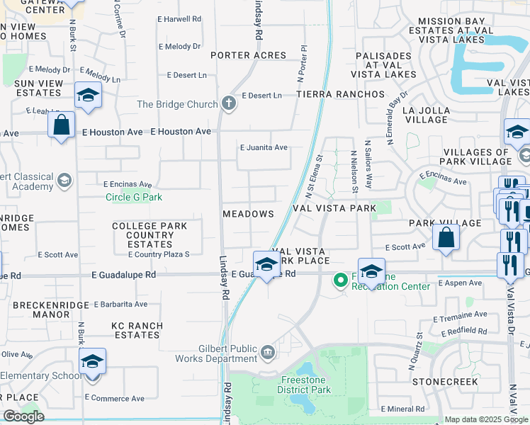 map of restaurants, bars, coffee shops, grocery stores, and more near 908 East Stanford Avenue in Gilbert