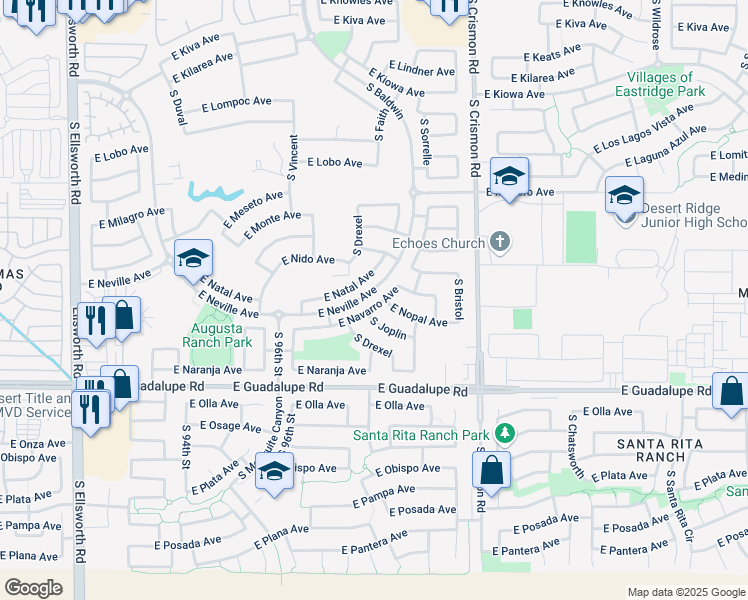 map of restaurants, bars, coffee shops, grocery stores, and more near 9833 East Nopal Avenue in Mesa