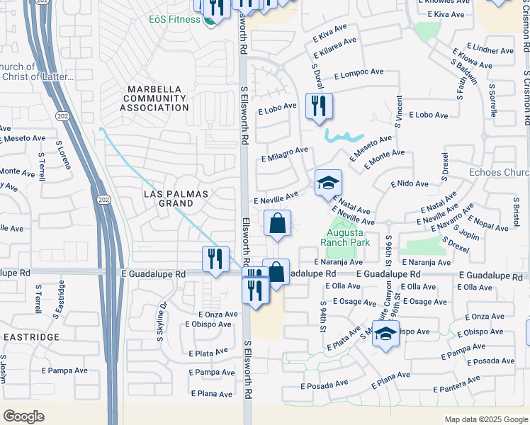 map of restaurants, bars, coffee shops, grocery stores, and more near 9233 East Neville Avenue in Mesa