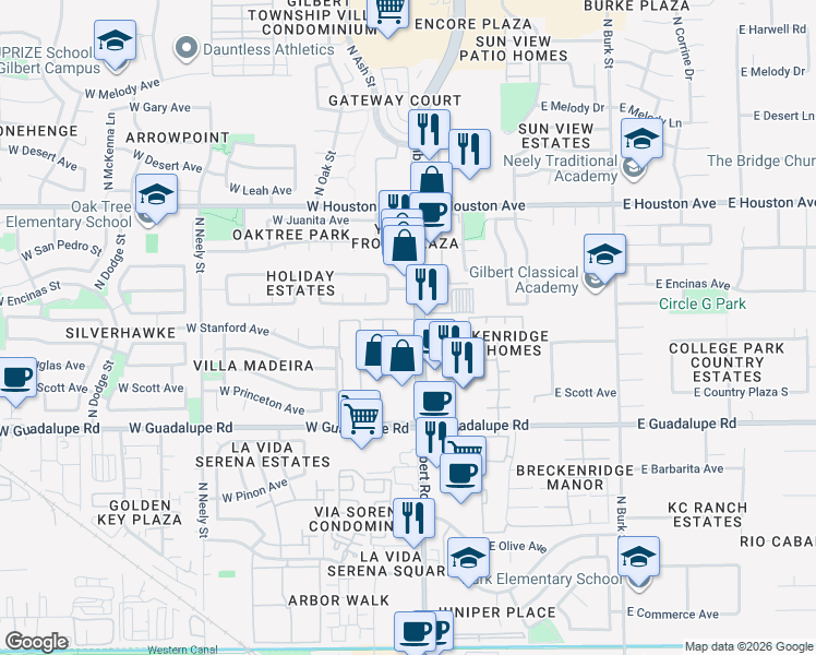 map of restaurants, bars, coffee shops, grocery stores, and more near 960 North Gilbert Road in Gilbert