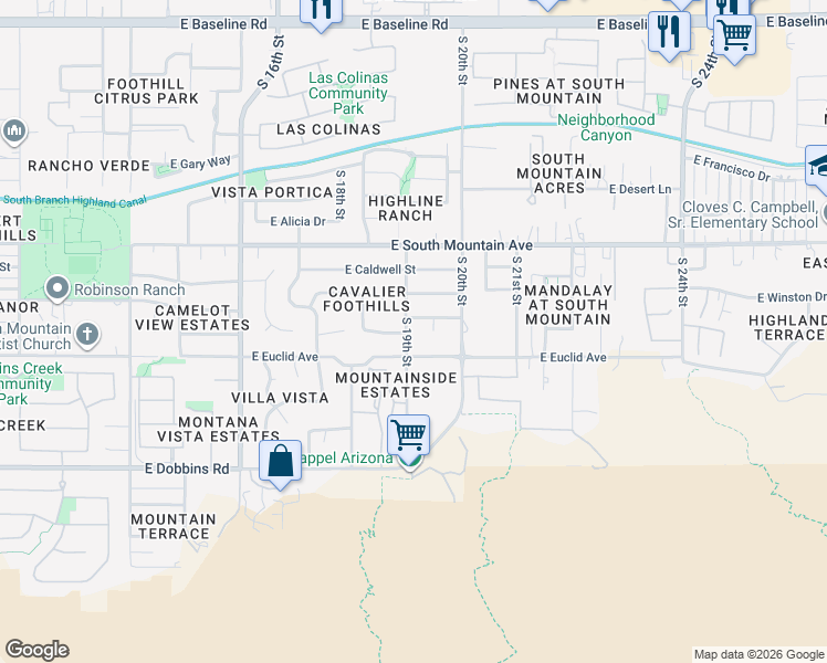 map of restaurants, bars, coffee shops, grocery stores, and more near 1845 East Desert Drive in Phoenix