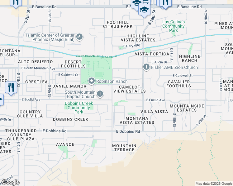 map of restaurants, bars, coffee shops, grocery stores, and more near 8635 South 14th Street in Phoenix