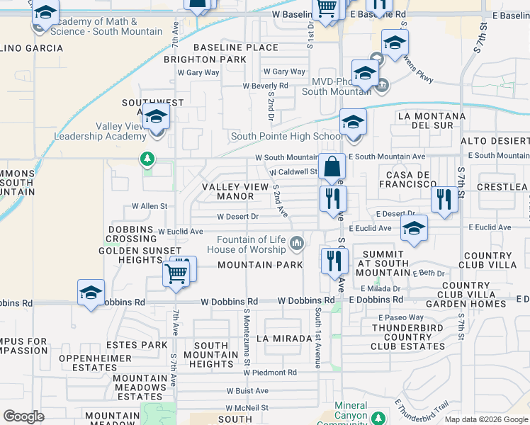 map of restaurants, bars, coffee shops, grocery stores, and more near 247 West Desert Drive in Phoenix