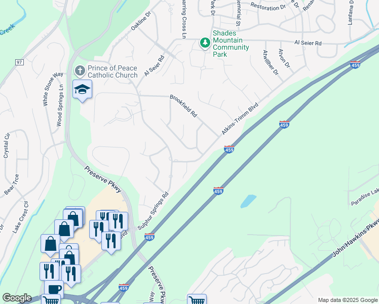 map of restaurants, bars, coffee shops, grocery stores, and more near 1234 Atkins-Trimm Boulevard in Birmingham