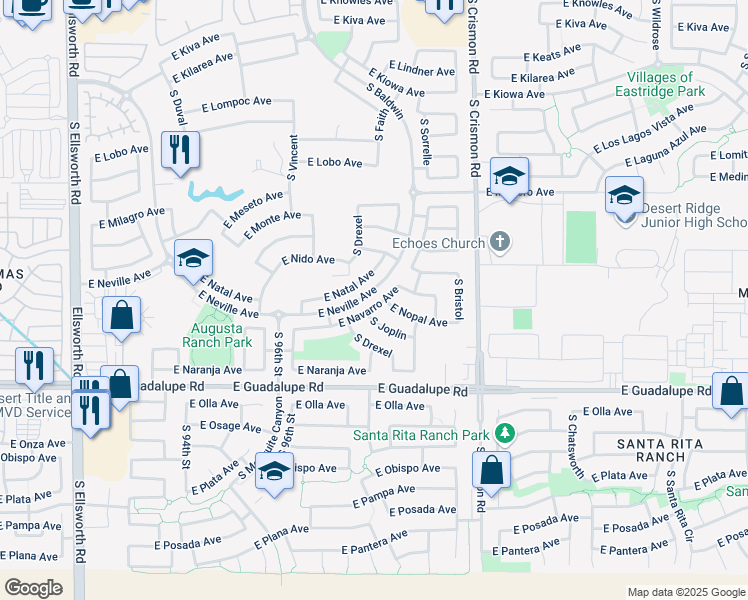 map of restaurants, bars, coffee shops, grocery stores, and more near 9833 East Nopal Avenue in Mesa