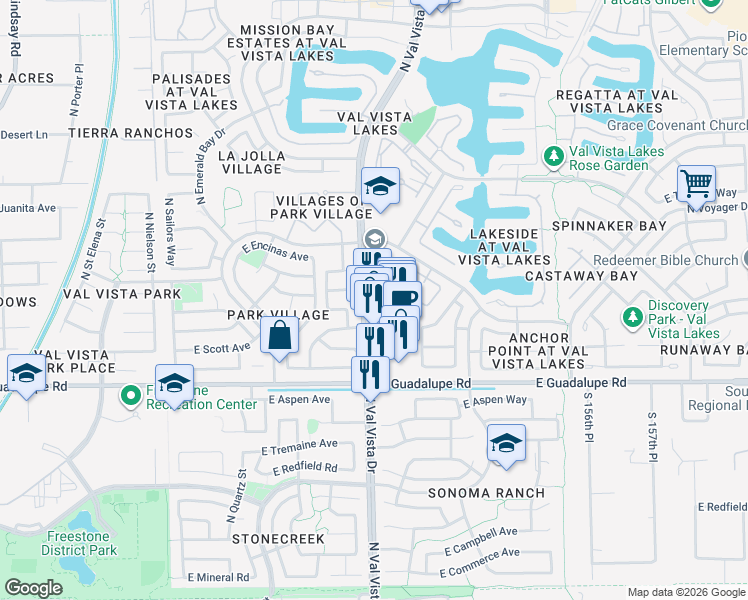 map of restaurants, bars, coffee shops, grocery stores, and more near 959 North Val Vista Drive in Gilbert