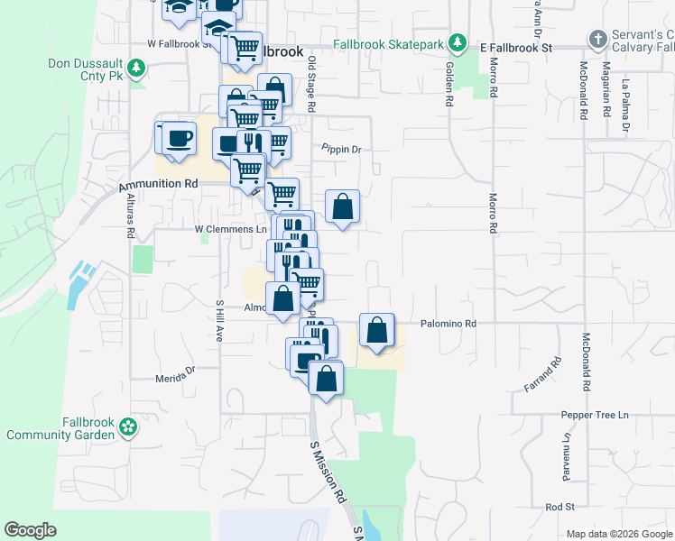 map of restaurants, bars, coffee shops, grocery stores, and more near 250 Shetland Way in Fallbrook