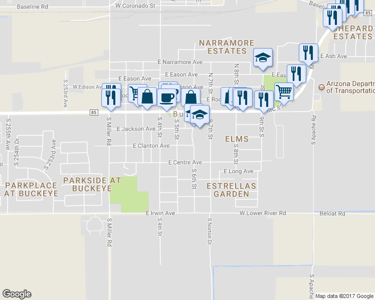 map of restaurants, bars, coffee shops, grocery stores, and more near 513 East Clanton Avenue in Buckeye