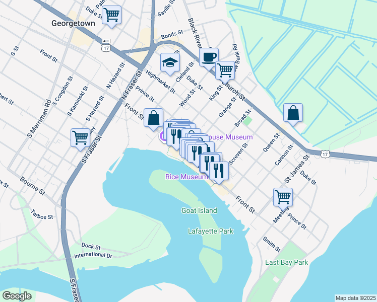 map of restaurants, bars, coffee shops, grocery stores, and more near 830 Front Street in Georgetown