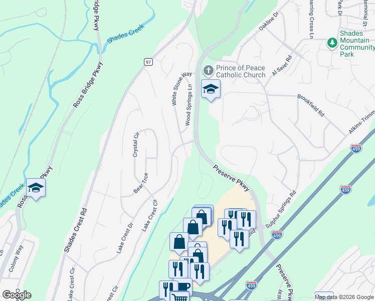 map of restaurants, bars, coffee shops, grocery stores, and more near 644 White Stone Way in Birmingham