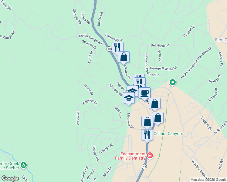 map of restaurants, bars, coffee shops, grocery stores, and more near 100-198 Skylane Road in Ruidoso