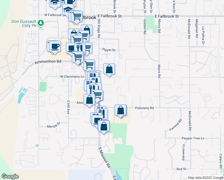 map of restaurants, bars, coffee shops, grocery stores, and more near 280 Shetland Way in Fallbrook