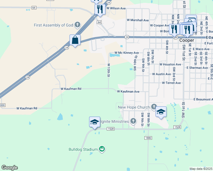 map of restaurants, bars, coffee shops, grocery stores, and more near 1408 West Kaufman Avenue in Cooper