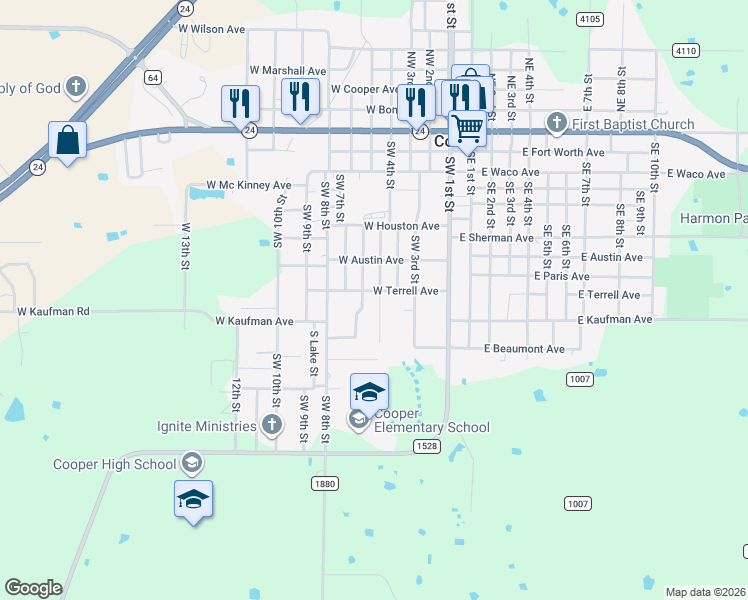 map of restaurants, bars, coffee shops, grocery stores, and more near 1121 Southwest 6th Street in Cooper