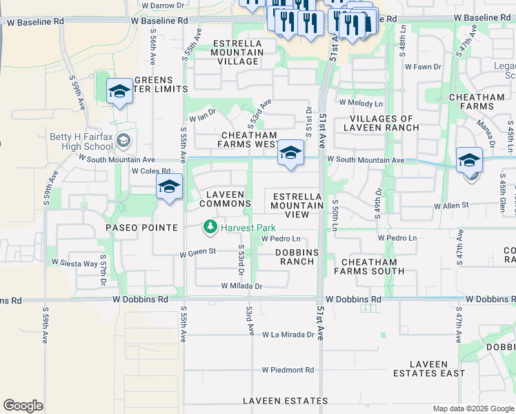 map of restaurants, bars, coffee shops, grocery stores, and more near 8612 52nd Drive in Maricopa County