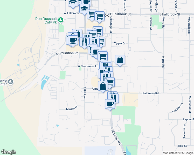 map of restaurants, bars, coffee shops, grocery stores, and more near 1381 S Mission Rd in Fallbrook