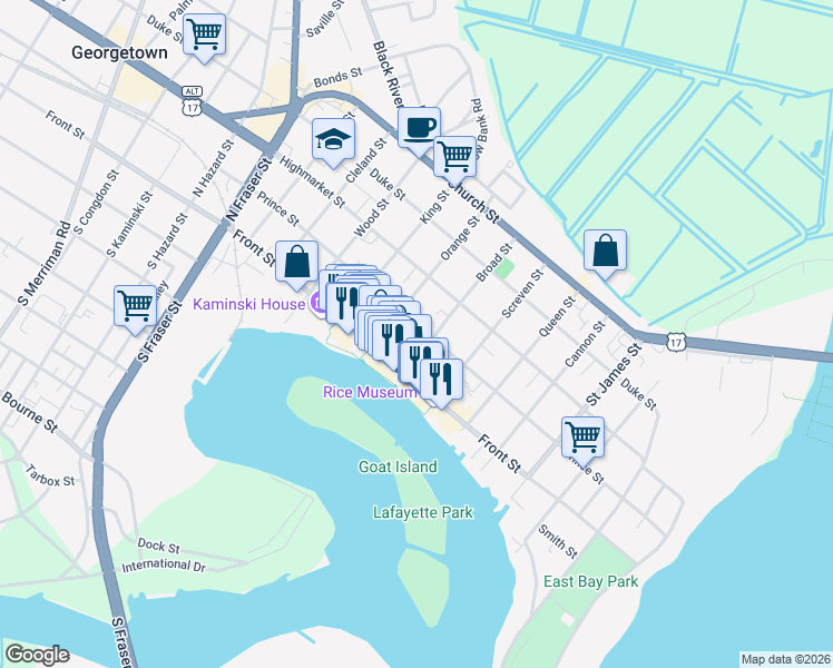 map of restaurants, bars, coffee shops, grocery stores, and more near 731 Prince Street in Georgetown