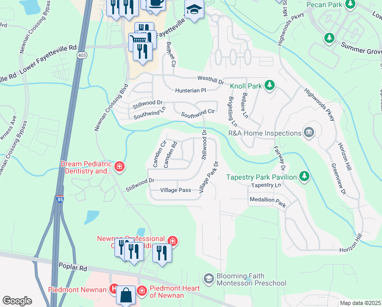 map of restaurants, bars, coffee shops, grocery stores, and more near 91 Camden Village Drive in Newnan