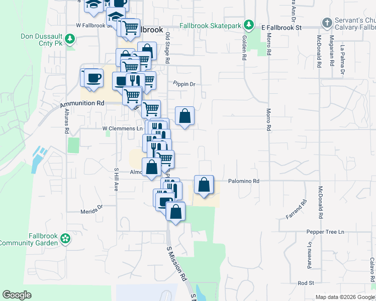 map of restaurants, bars, coffee shops, grocery stores, and more near 250 Shetland Way in Fallbrook