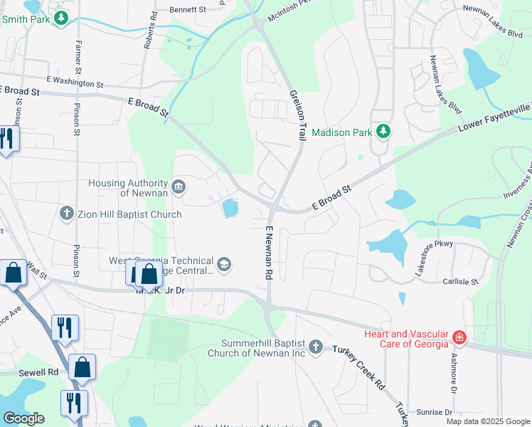 map of restaurants, bars, coffee shops, grocery stores, and more near 5 East Newnan Road in Newnan