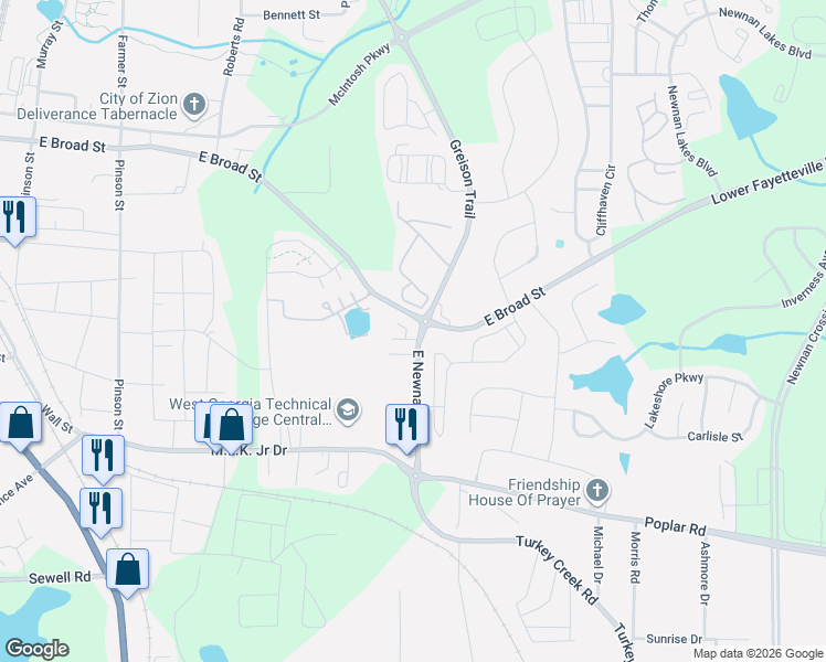 map of restaurants, bars, coffee shops, grocery stores, and more near 280 Christian's Walk in Newnan