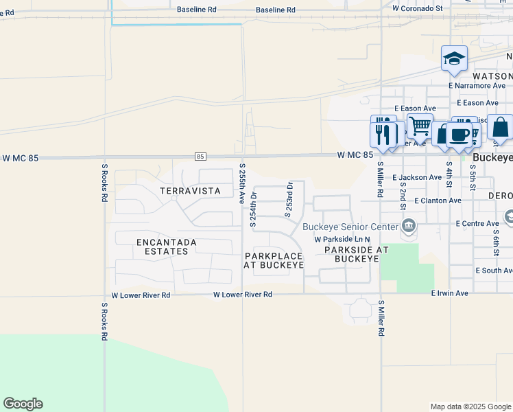 map of restaurants, bars, coffee shops, grocery stores, and more near 25463 West Lincoln Avenue in Buckeye