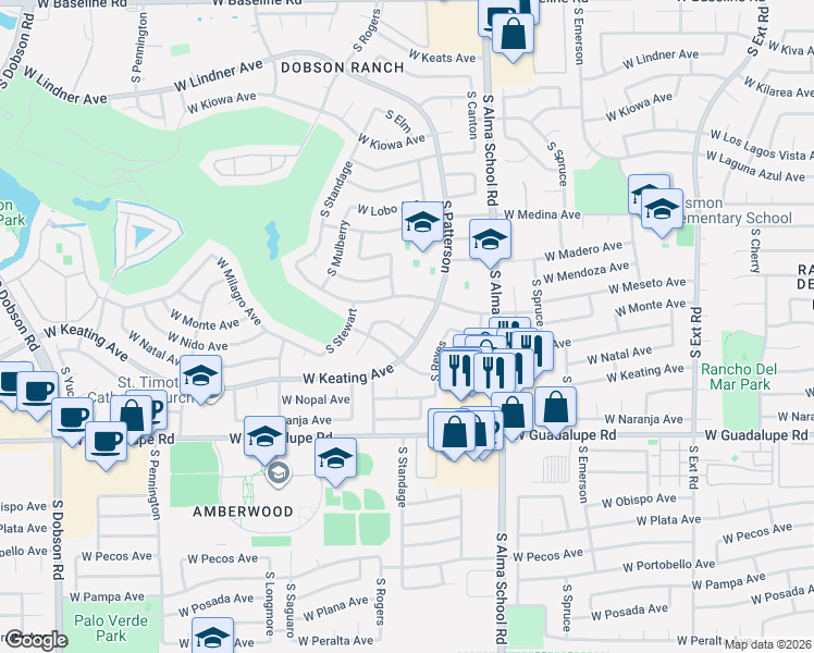 map of restaurants, bars, coffee shops, grocery stores, and more near 1340 West Monte Avenue in Mesa