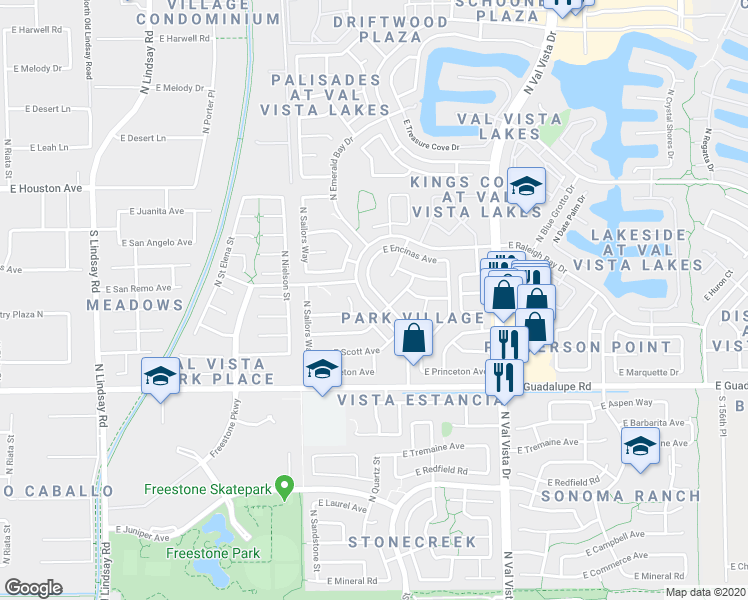 map of restaurants, bars, coffee shops, grocery stores, and more near 1320 East Harvard Avenue in Gilbert