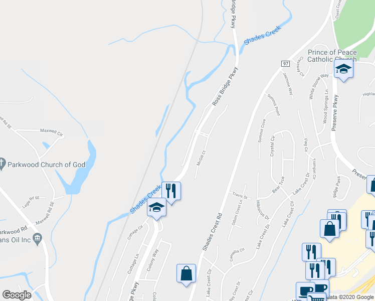 map of restaurants, bars, coffee shops, grocery stores, and more near 4513 McGill Terrace in Hoover