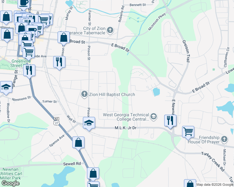 map of restaurants, bars, coffee shops, grocery stores, and more near 40 Paul Street in Newnan