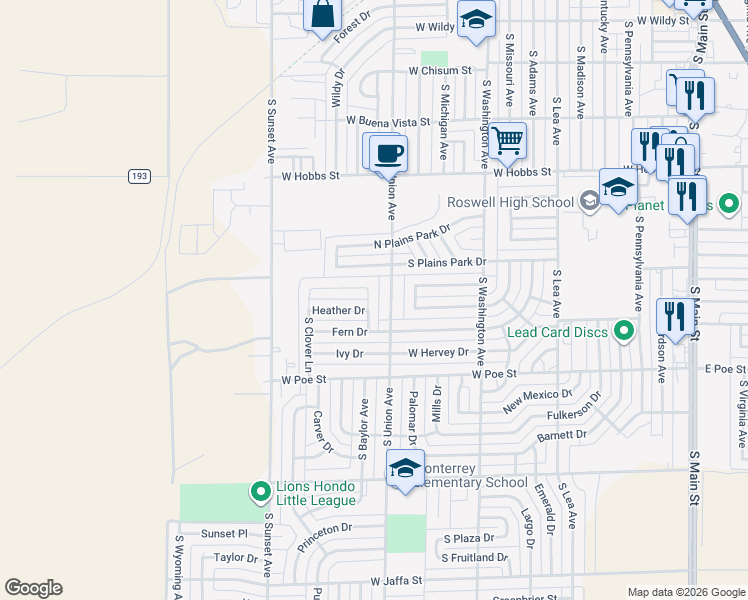 map of restaurants, bars, coffee shops, grocery stores, and more near 1912 South Union Avenue in Roswell