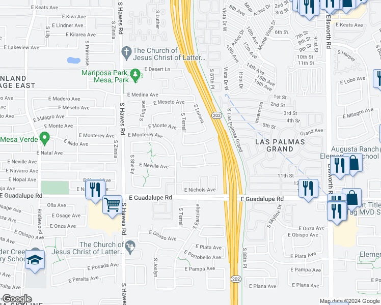 map of restaurants, bars, coffee shops, grocery stores, and more near 8638 East Natal Avenue in Mesa