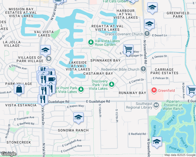 map of restaurants, bars, coffee shops, grocery stores, and more near 2039 East Huron Court in Gilbert