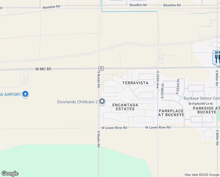 map of restaurants, bars, coffee shops, grocery stores, and more near 25830 West Desert Drive in Buckeye
