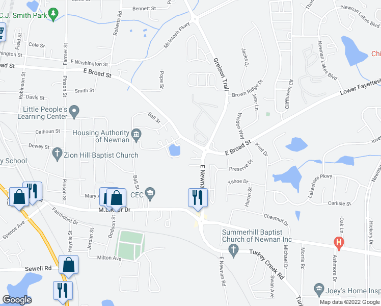 map of restaurants, bars, coffee shops, grocery stores, and more near 266 Christian's Walk in Newnan
