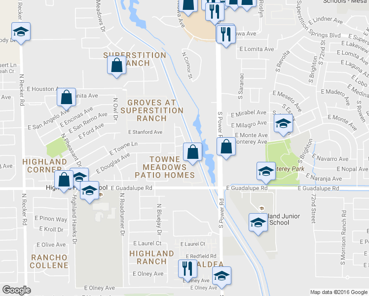 map of restaurants, bars, coffee shops, grocery stores, and more near 945 North Blackbird Drive in Gilbert