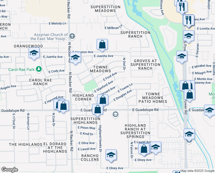 map of restaurants, bars, coffee shops, grocery stores, and more near 4244 East Harvard Avenue in Gilbert