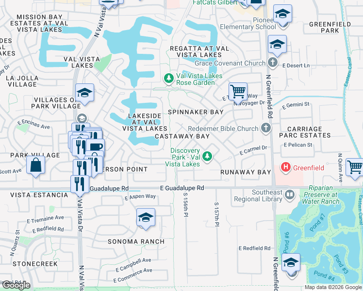 map of restaurants, bars, coffee shops, grocery stores, and more near 2039 East Huron Court in Gilbert